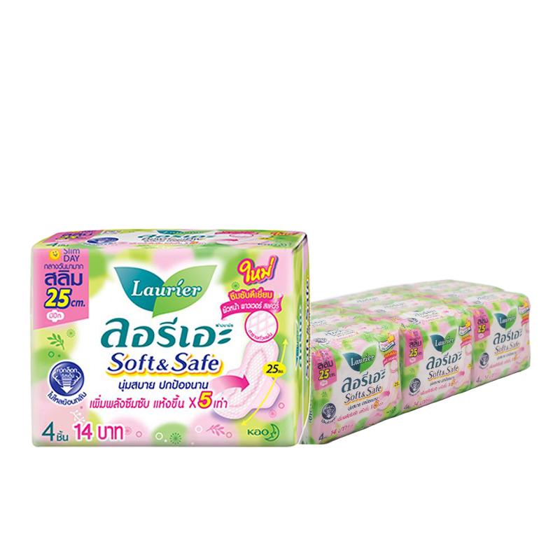 ลอรีเอะ ซอฟท์แอนด์เซฟ สลิม ผ้าอนามัยแบบมีปีก 25 ซม. 4 ชิ้น x 12