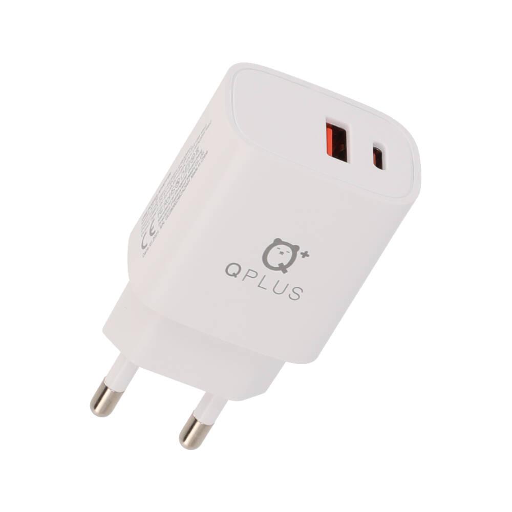 คิวพลัส อะแดปเตอร์ 1 USB-A (QC3.0) / 1 USB-C (PD20W) สีขาว