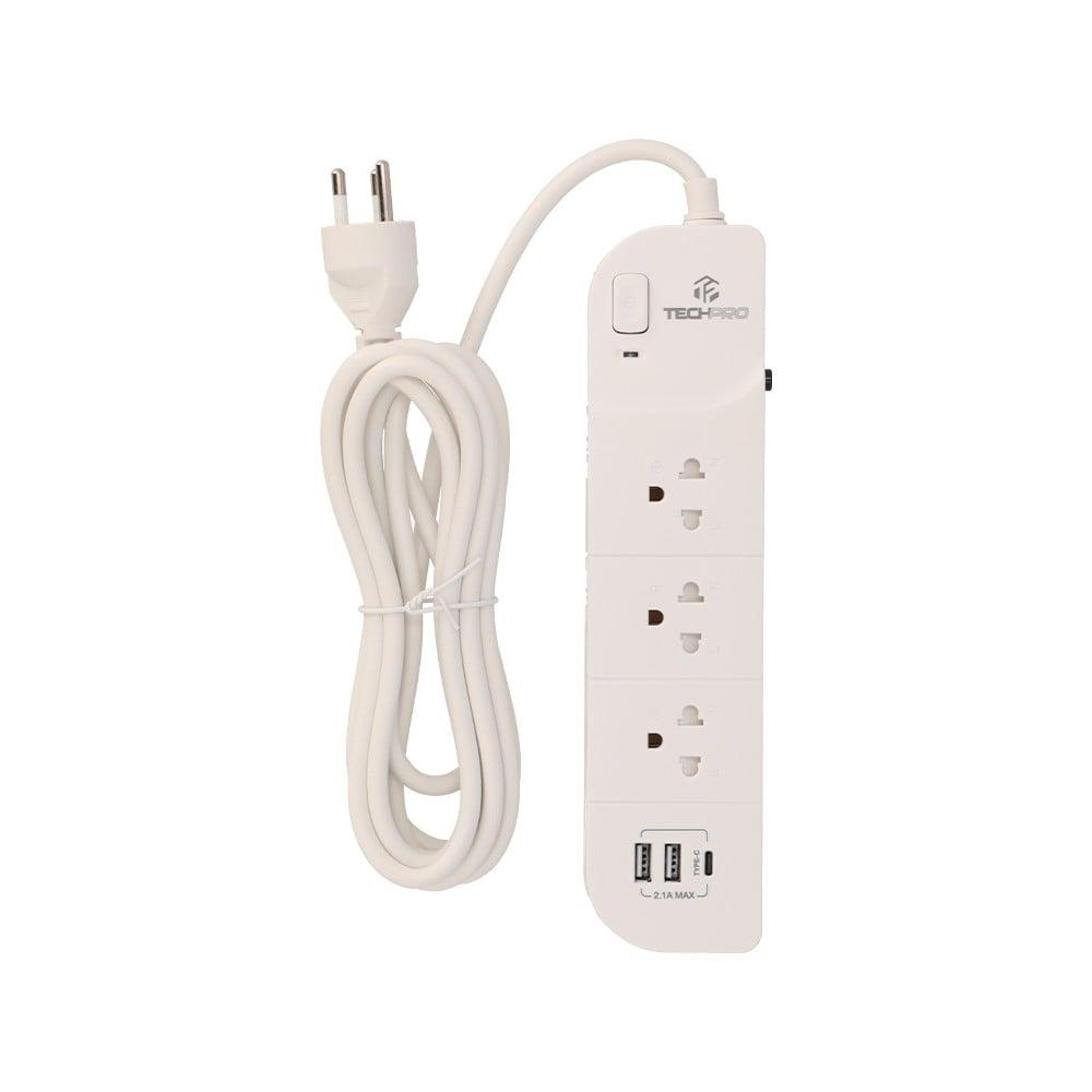 เทคโปร ปลั๊กไฟ 3 Way 1 Switch 2xUSB 1xType-C 3M. (PLG04) White